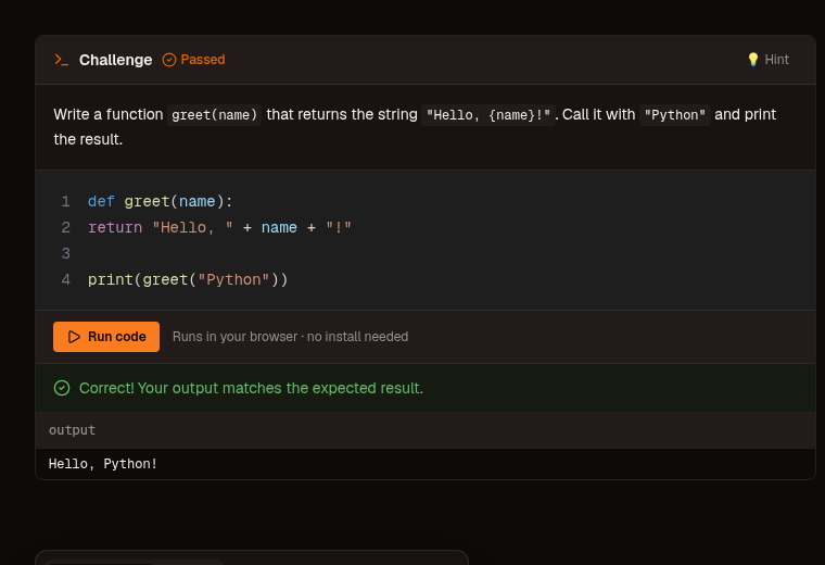 The Python editor running a function with a passing challenge and live output